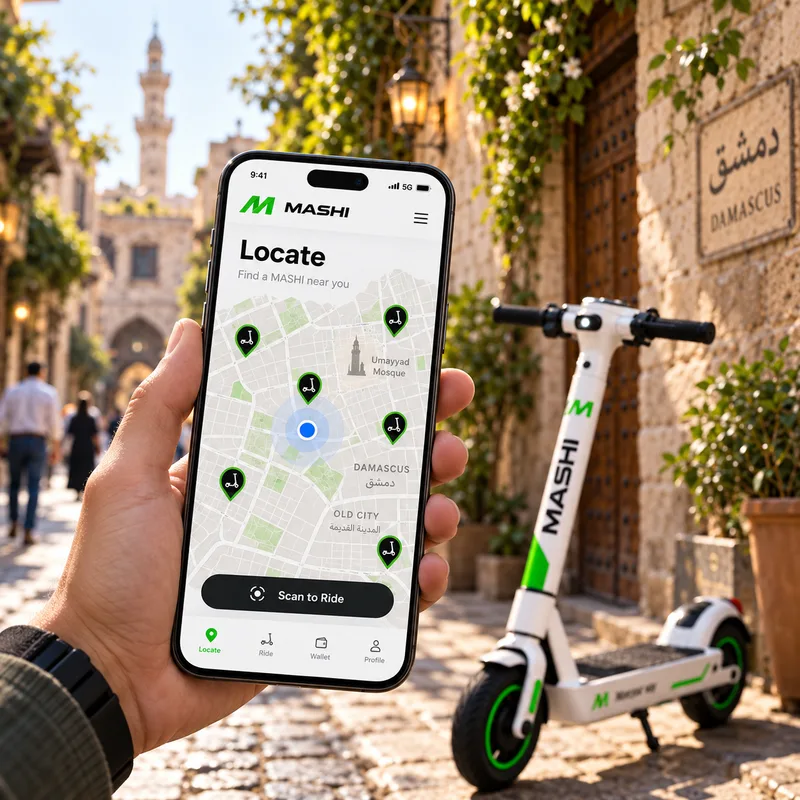 A hand holding the MASHI app in a Damascus old-city lane, the map showing scooter pins around the rider, with a MASHI scooter parked beside a studded wooden door.