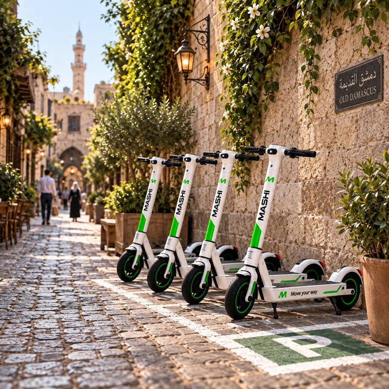 Four MASHI scooters parked upright in a marked bay under an Old Damascus street sign, the parking P painted on the cobbles.