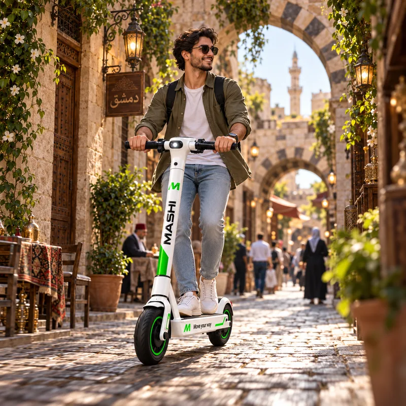A rider on a MASHI scooter passing under a stone arch in Damascus old city, with the minaret behind and shoppers along the lane.