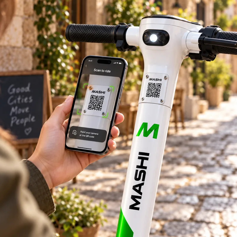 A phone scanning the QR panel on the stem of a MASHI scooter, the code framed on screen with the prompt to point the camera at it.